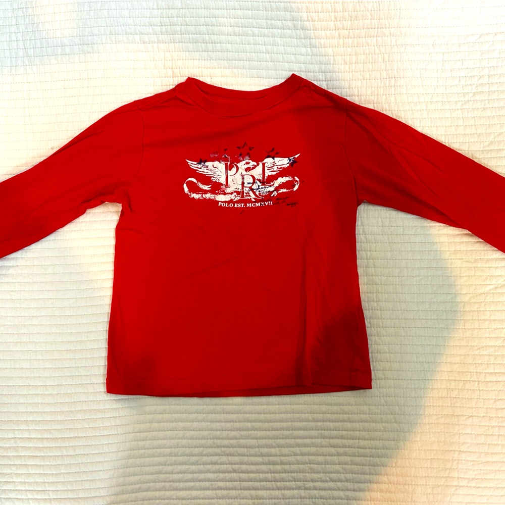Ralph Lauren Red Tshirt Boys Size 5 Long Sleeve Patriotic  Eagle Logo